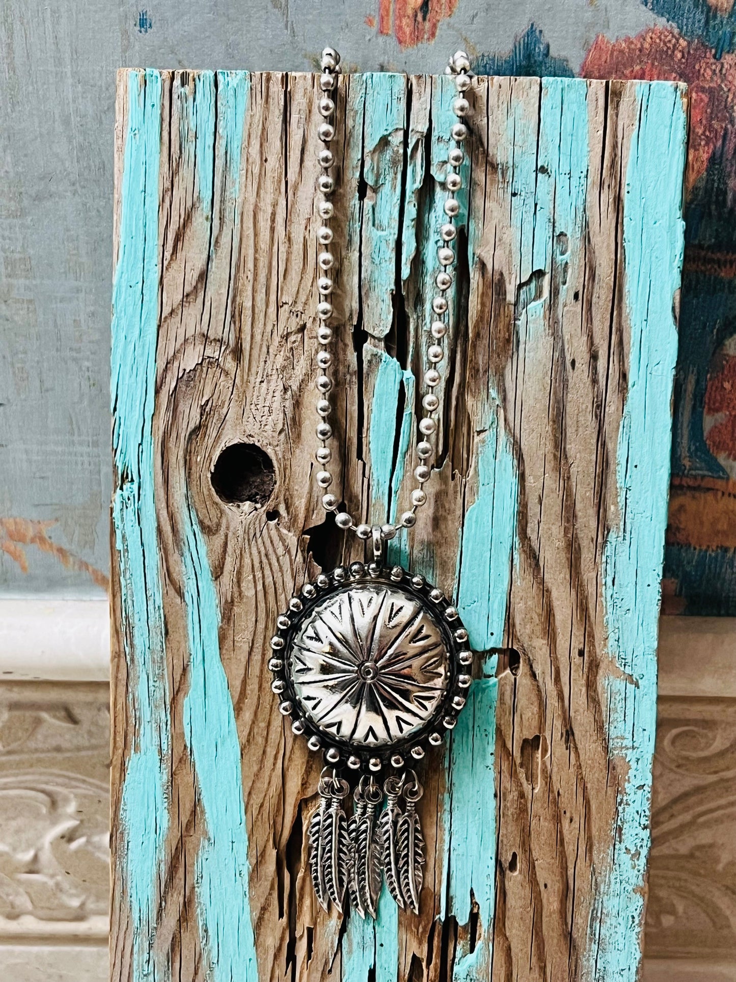 Vintage Silver Engraved Concho Feather Necklace