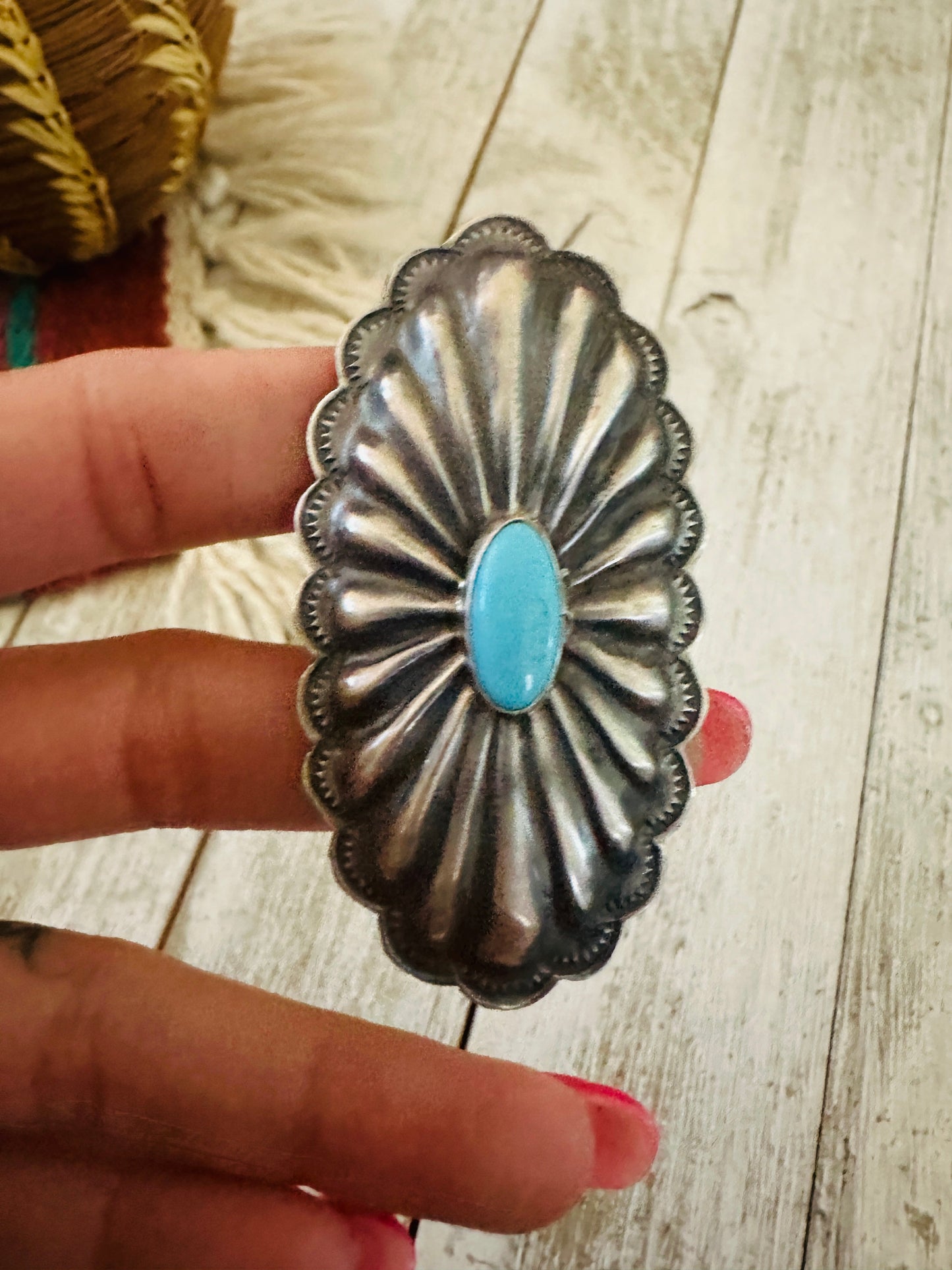 Handcrafted Turquoise & Sterling Silver Concho Ring Size 8.5