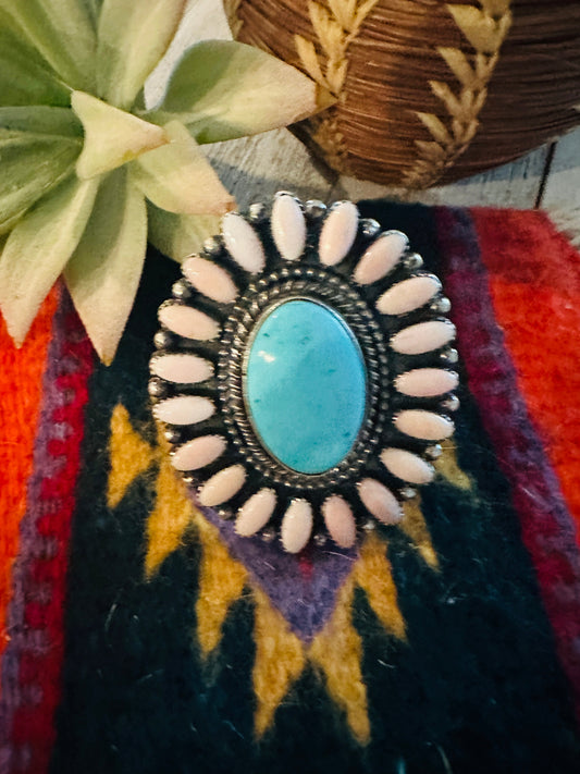 Handcrafted Sterling Silver, Queen Pink Conch & Turquoise Adjustable Cluster Ring