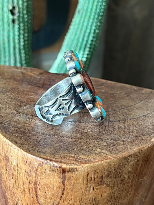 Handcrafted Electric Rainbow Turquoise and Spiny Oyster Ring by Angela Martin and Bernyse Chavez, Size 7.5-8