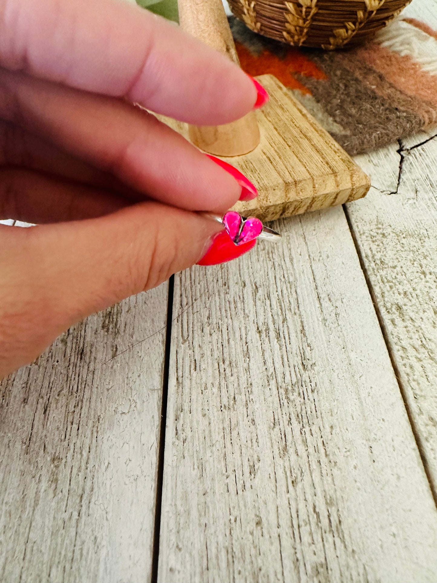 Handcrafted Sterling Silver & Pink Opal Inlay Heart Ring