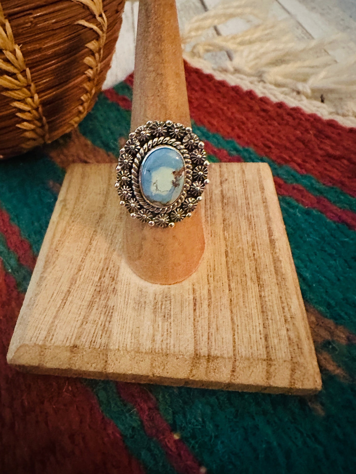 Handmade Golden Hills Turquoise & Sterling Silver Adjustable Ring Signed Nizhoni