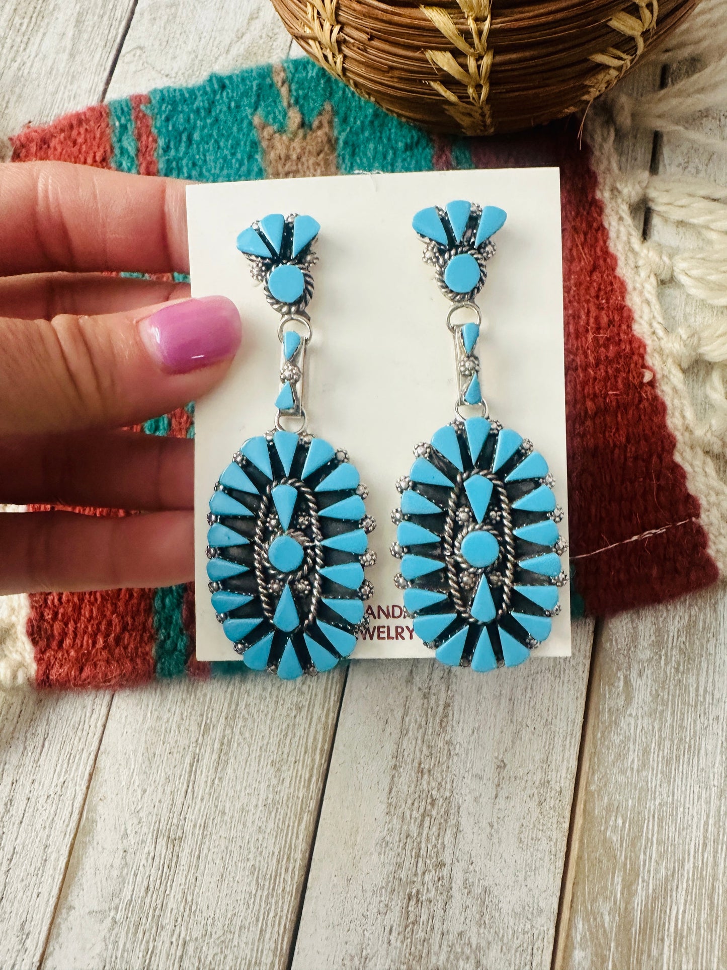 Handcrafted Sterling Silver & Turquoise Cluster Dangle Earrings