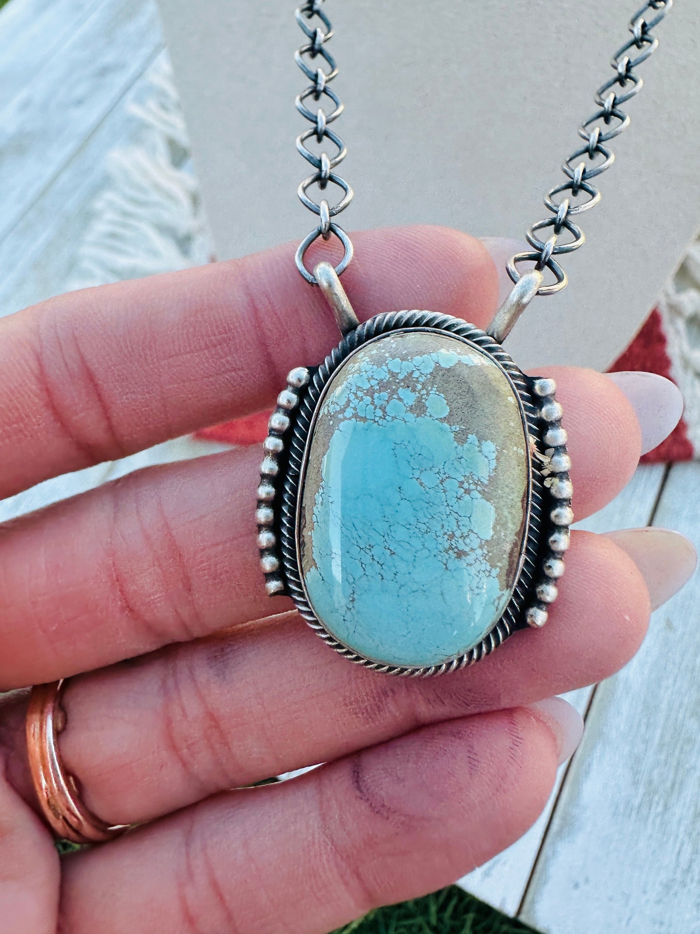 Handcrafted Sterling Silver 18” Link Chain & Turquoise Necklace