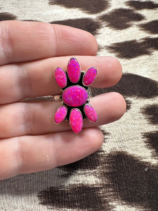 Beautiful Handmade Hot Pink Fire Opal And Sterling Silver Adjustable Ring