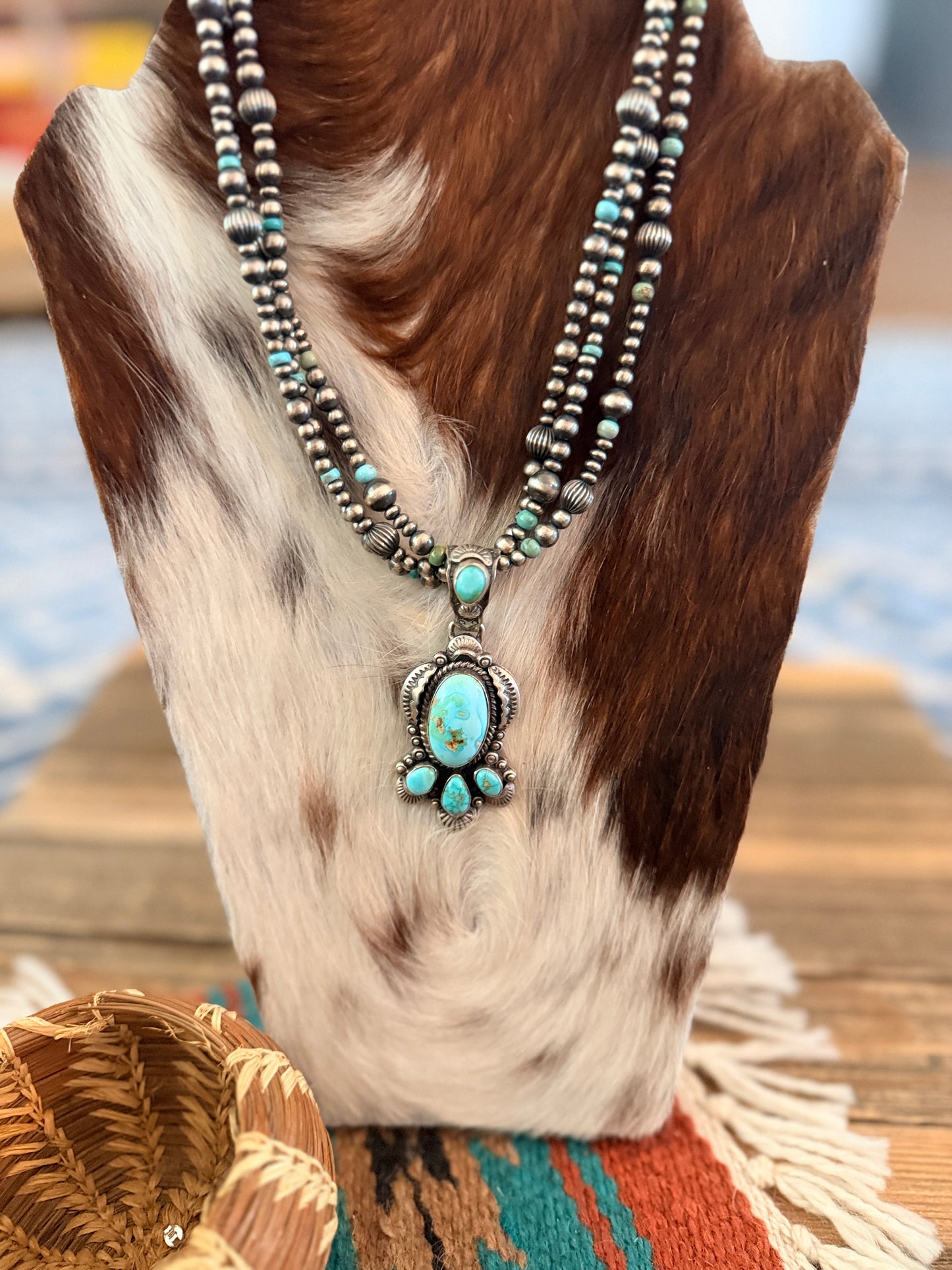 Handcrafted Sonoran Mountain Turquoise & Sterling Silver Beaded Necklace by Gilbert Tom