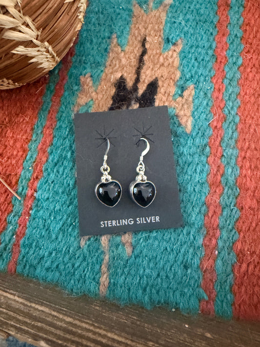 Handcrafted Black Onyx & Sterling Silver Heart Dangle Earrings