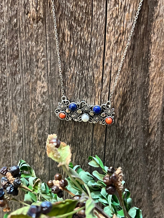 4TH OF JULY COLLECTION Handmade Coral, Pearl, Lapis & Sterling Silver Flower Bar Necklace