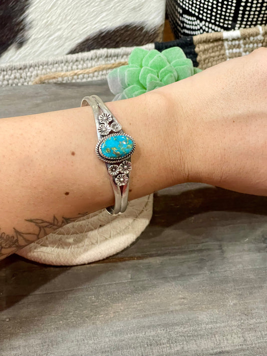 Handmade Sterling Silver Emerald Valley Turquoise Adjustable Stone Oval Stone Cuff
