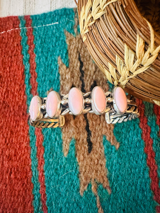 Handcrafted 5 Stone Queen Pink Conch Shell & Sterling Silver Cuff Bracelet