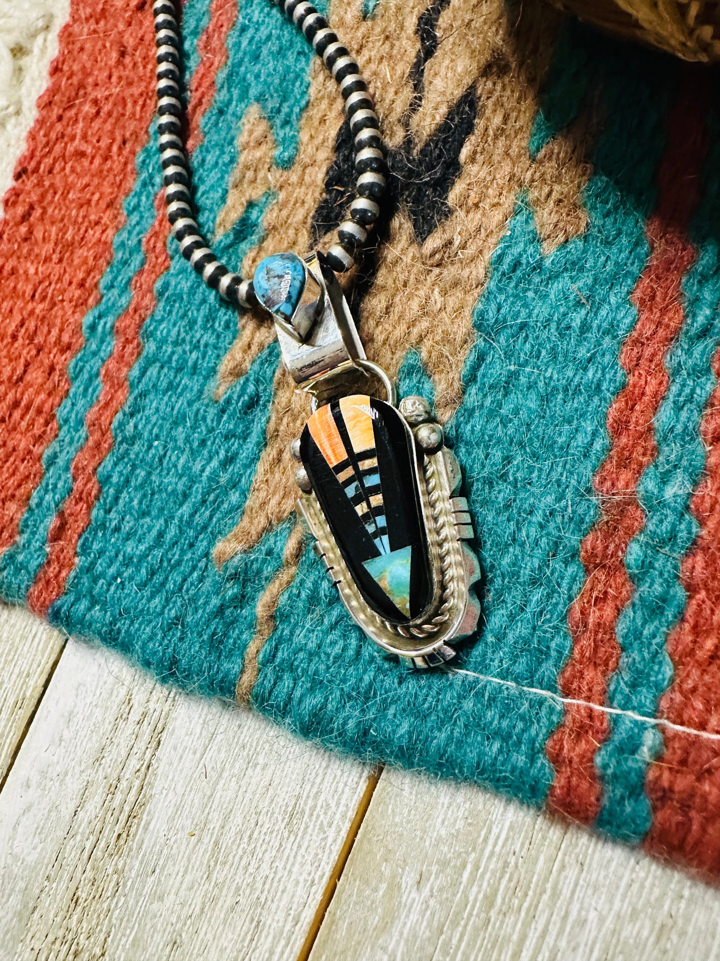 Handcrafted Sterling Silver and Multi Stone Inlay Pendant by Ray Jack