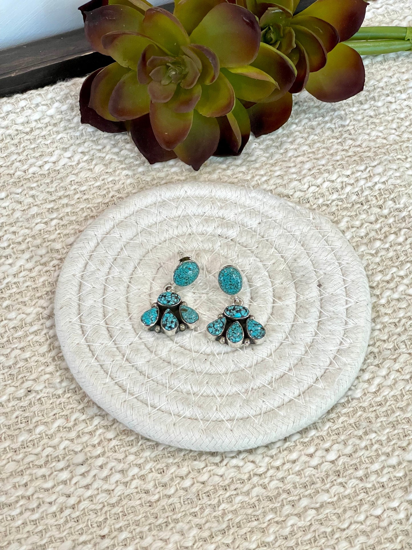 Handmade Sterling Silver Number 8 Turquoise Post Dangle Earrings with Signed Nizhoni