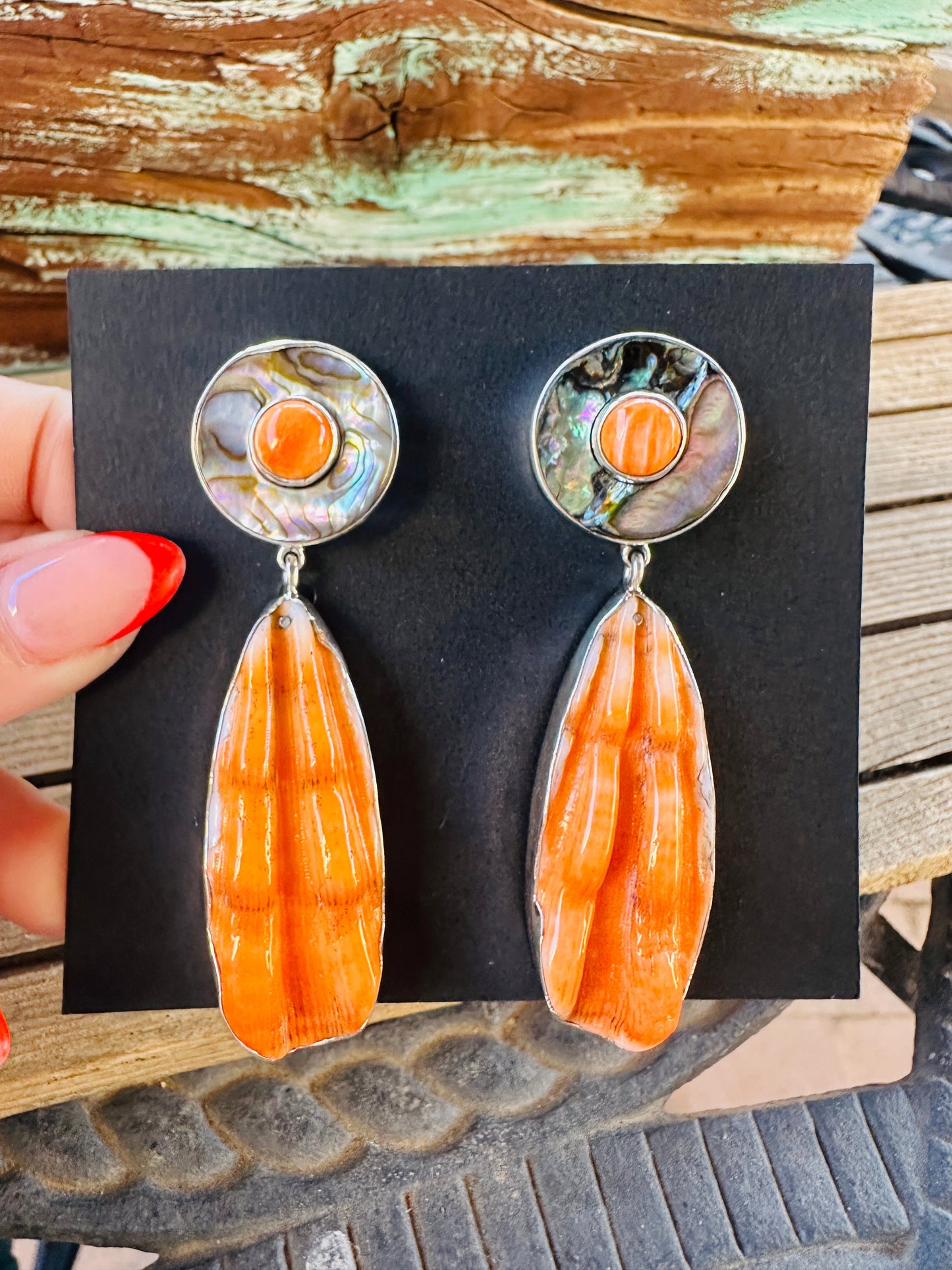 Handcrafted Spiny Oyster, Abalone & Sterling Silver Dangle Earrings by Federico Jimenez