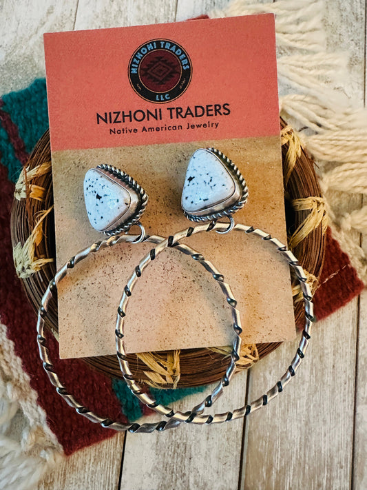 Handcrafted White Buffalo and Sterling Silver Dangle Hoop Earrings