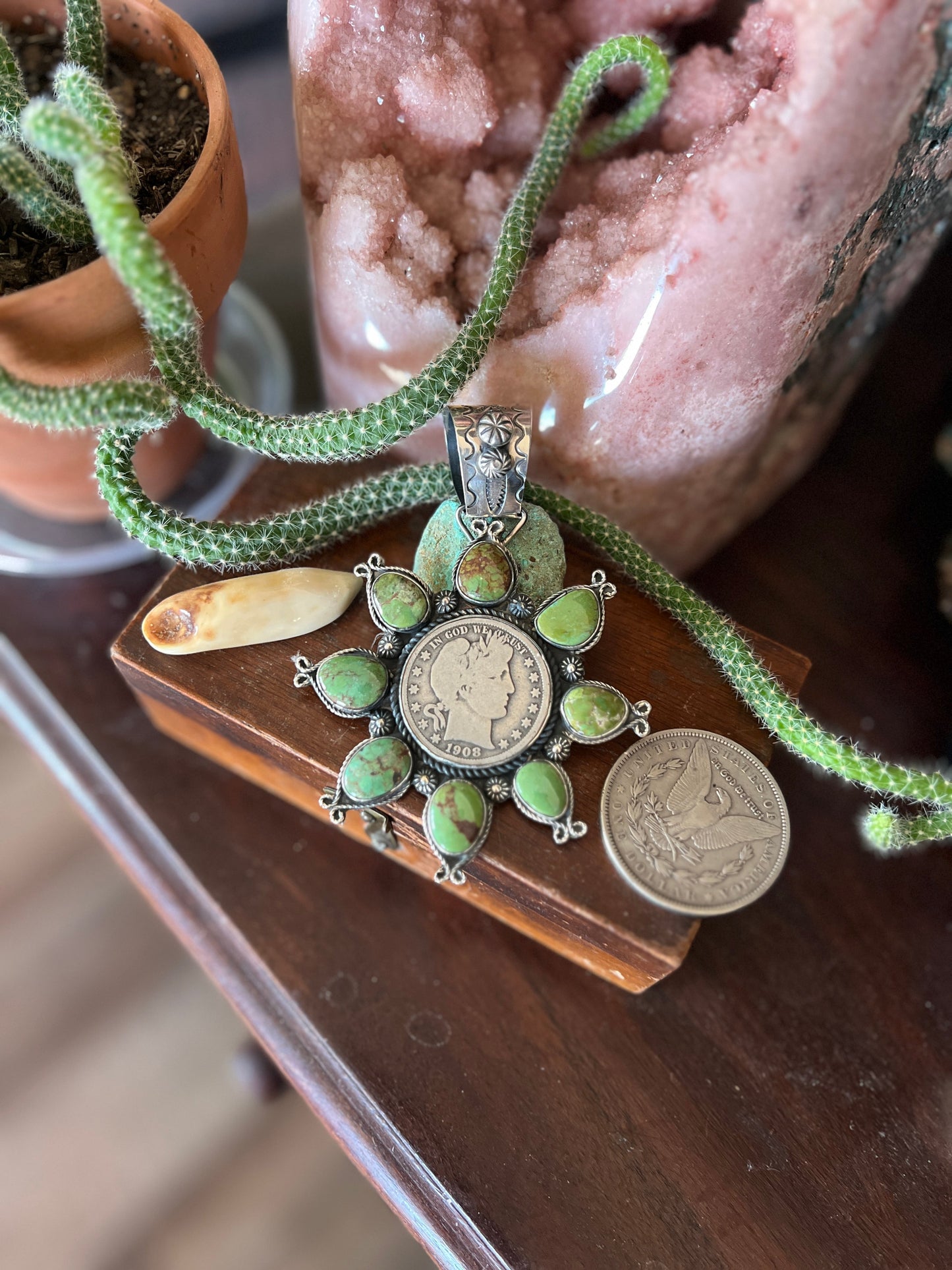 Apache Made Sterling Silver and Egyptian Turquoise Coin Cluster Pendant by Rosella Paxson
