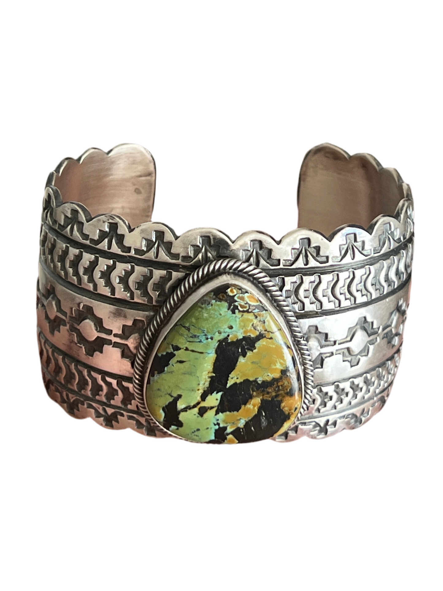 Handcrafted Hand Stamped Sterling Silver and Blackjack Turquoise Cuff Bracelet by Randy Boyd