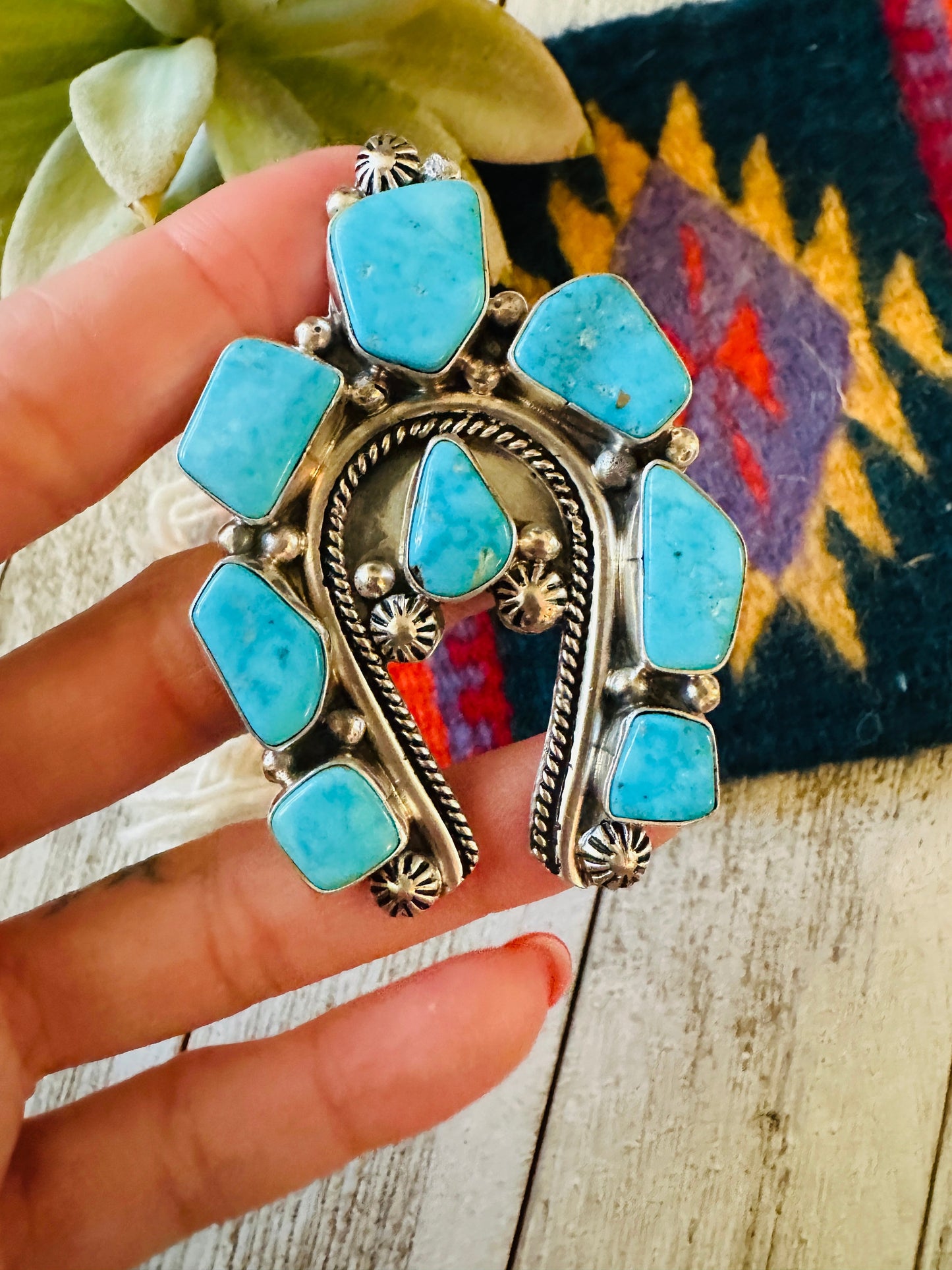 Navajo Kingman Turquoise & Sterling Silver Cluster Naja Pendant