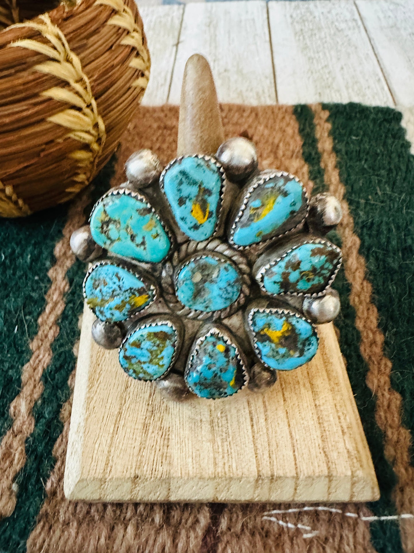 Old Pawn Handcrafted Sterling Silver & Turquoise Cluster Ring Size 7.25