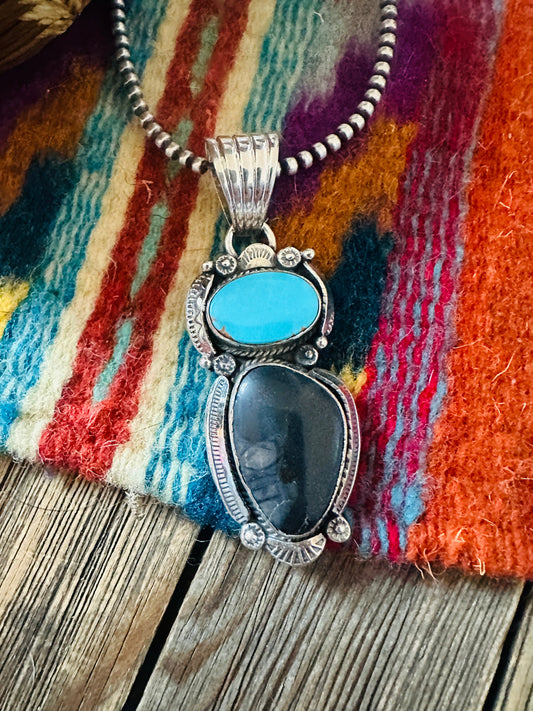 Handcrafted Sterling Silver, Onyx & Turquoise Pendant