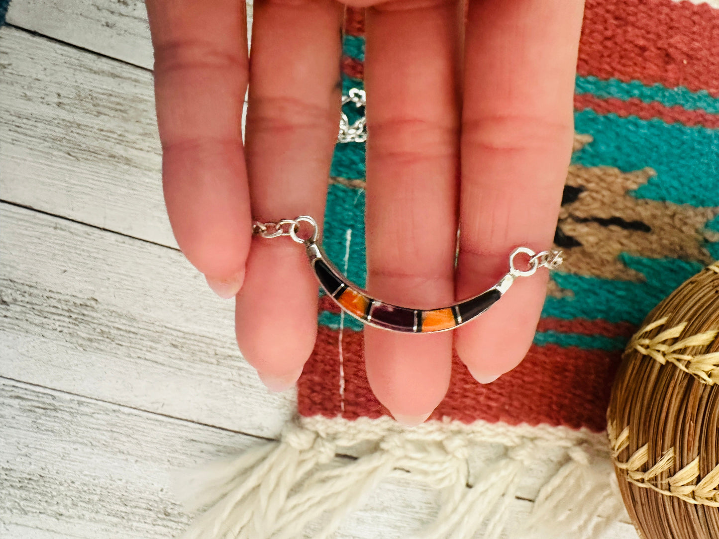 Handcrafted Sterling Silver, Onyx & Spiny Inlay Crescent Necklace