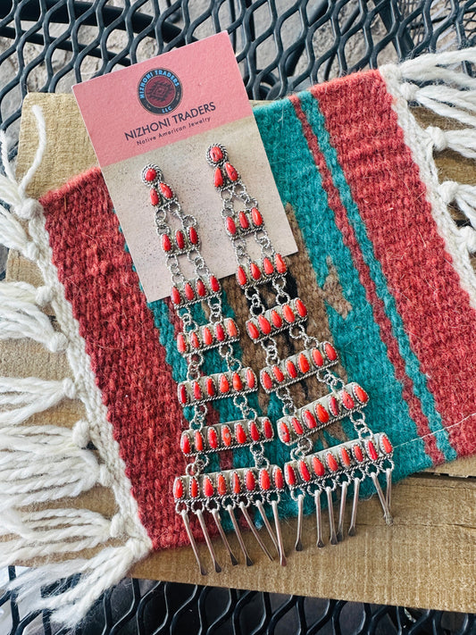Handcrafted Coral & Sterling Silver Chandelier Dangle Earrings