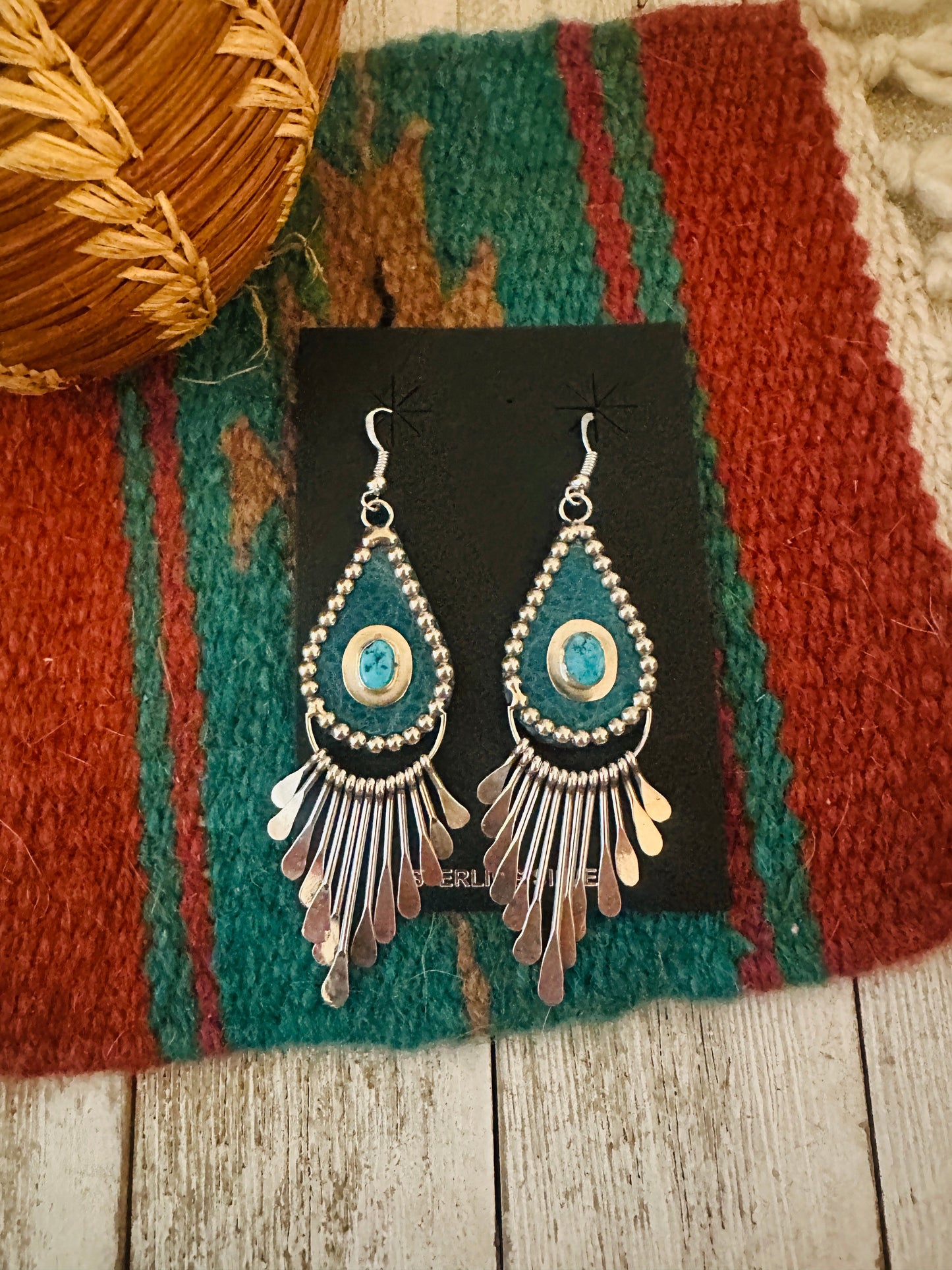 Handcrafted Turquoise & Sterling Silver Leather Chandelier Dangle Earrings