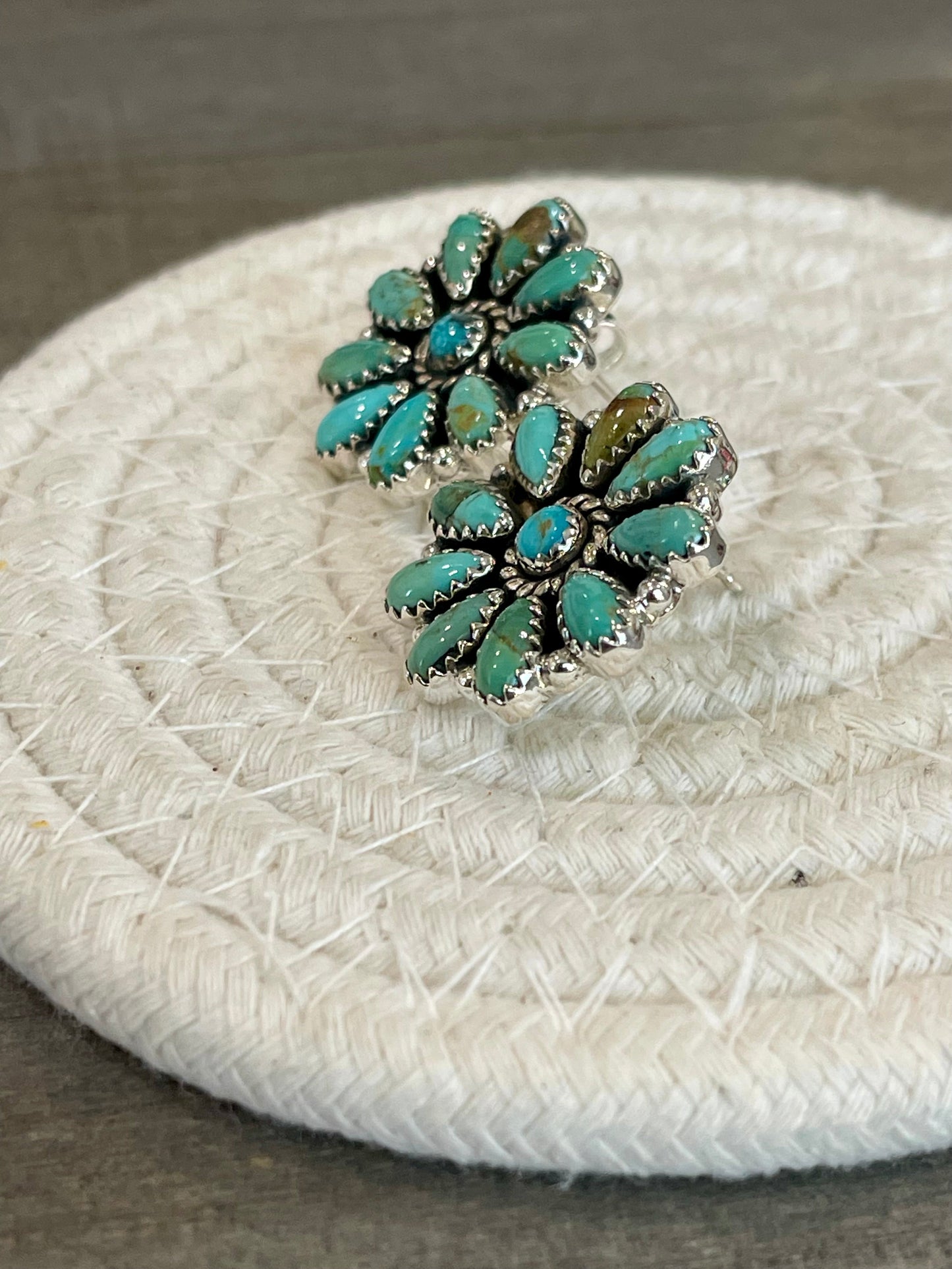 Handmade Turquoise & Sterling Silver Post Cluster Flower Earrings