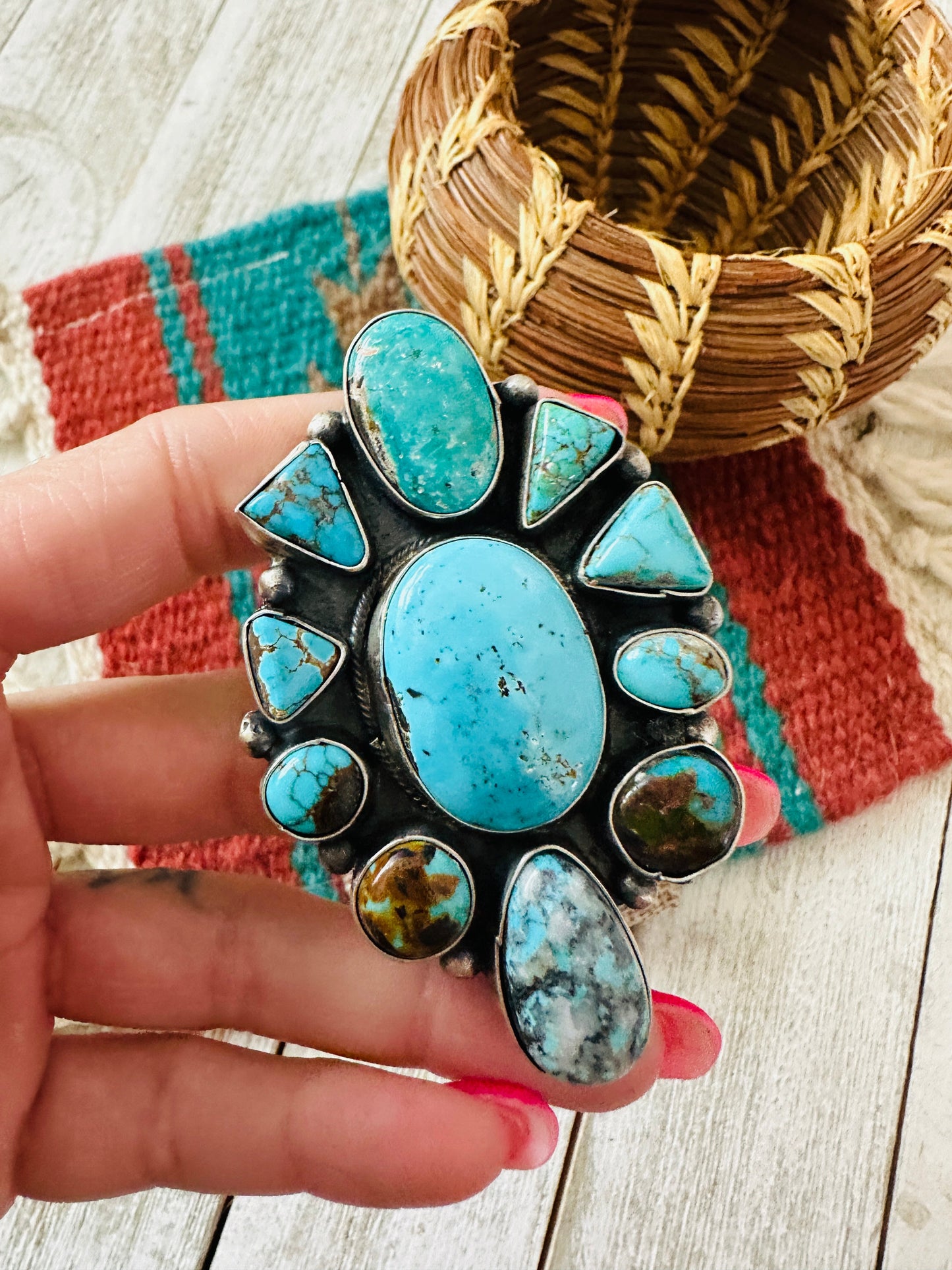Handcrafted Turquoise & Sterling Silver Cluster Ring Size 8.5 by Ella Peter