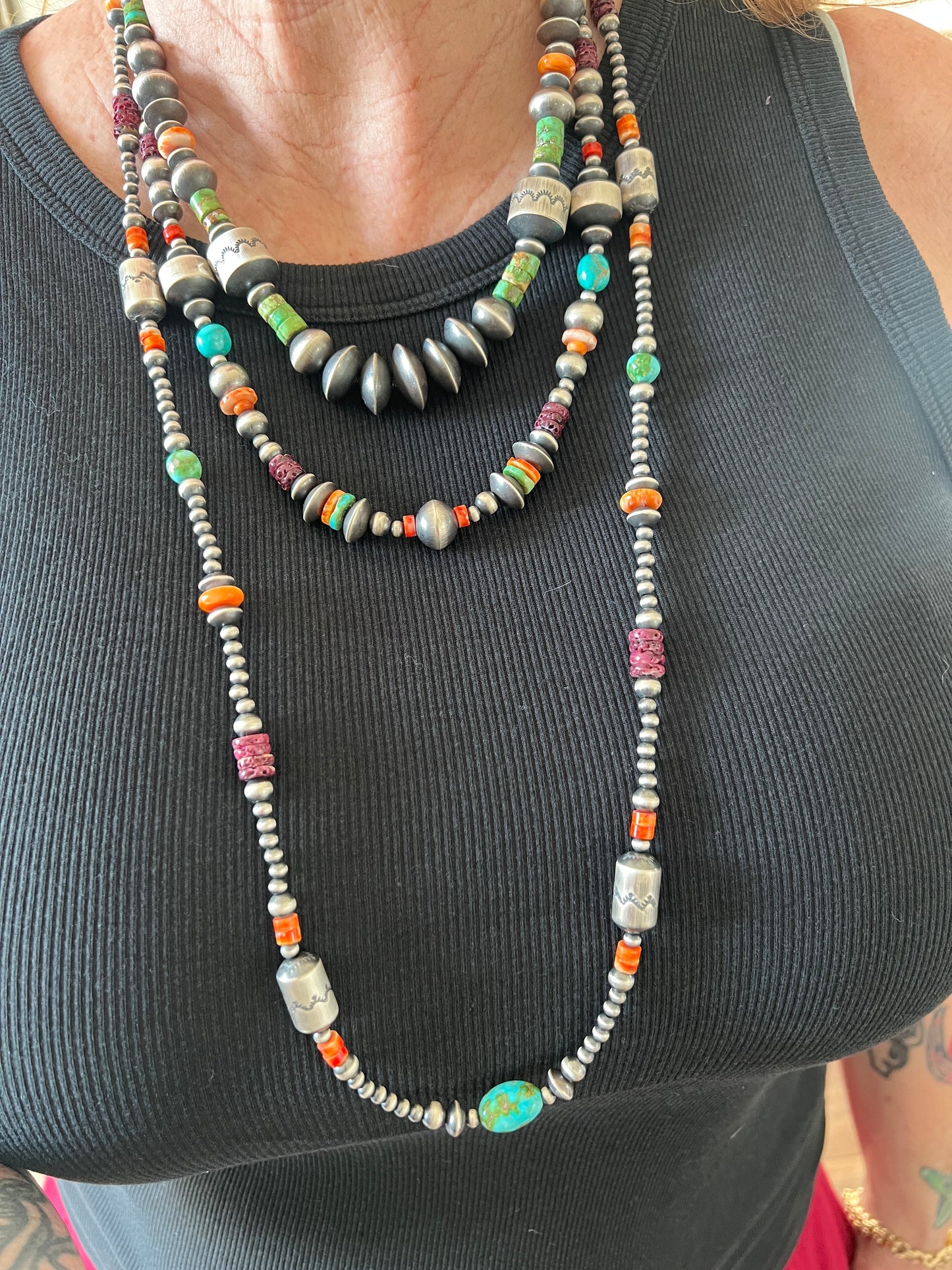 Handcrafted Electric Rainbow Sterling Silver, Turquoise and Spiny Oyster Single Strand Beaded Necklace by Rose Martin, 34 inches