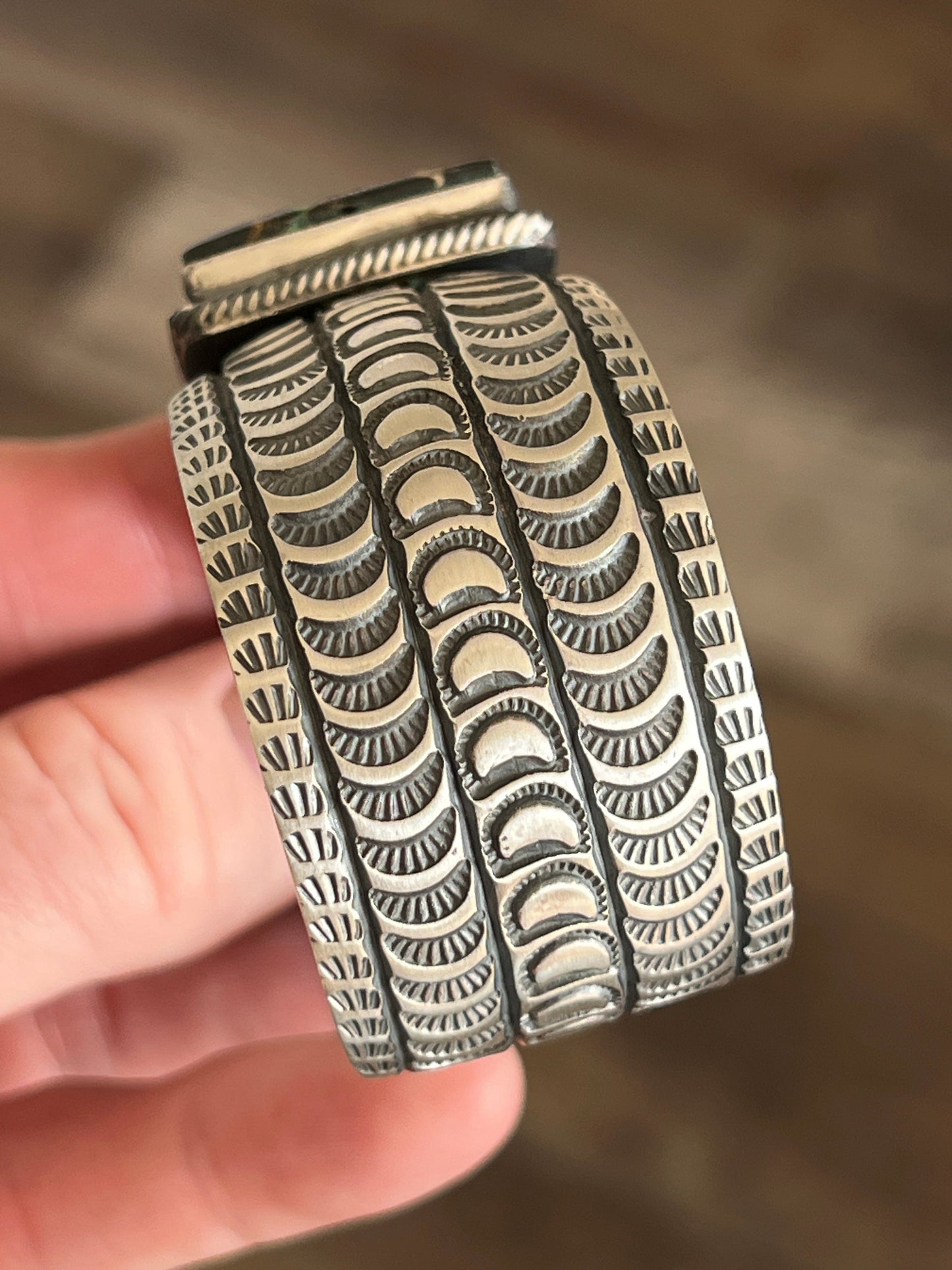 Handcrafted Sterling Silver and Blackjack Turquoise Hand Stamped Cuff Bracelet by Randy Boyd