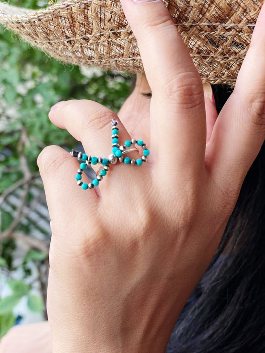 Handmade Turquoise Bow Tie Handmade Sterling Silver Pearl Beaded Stretch Ring