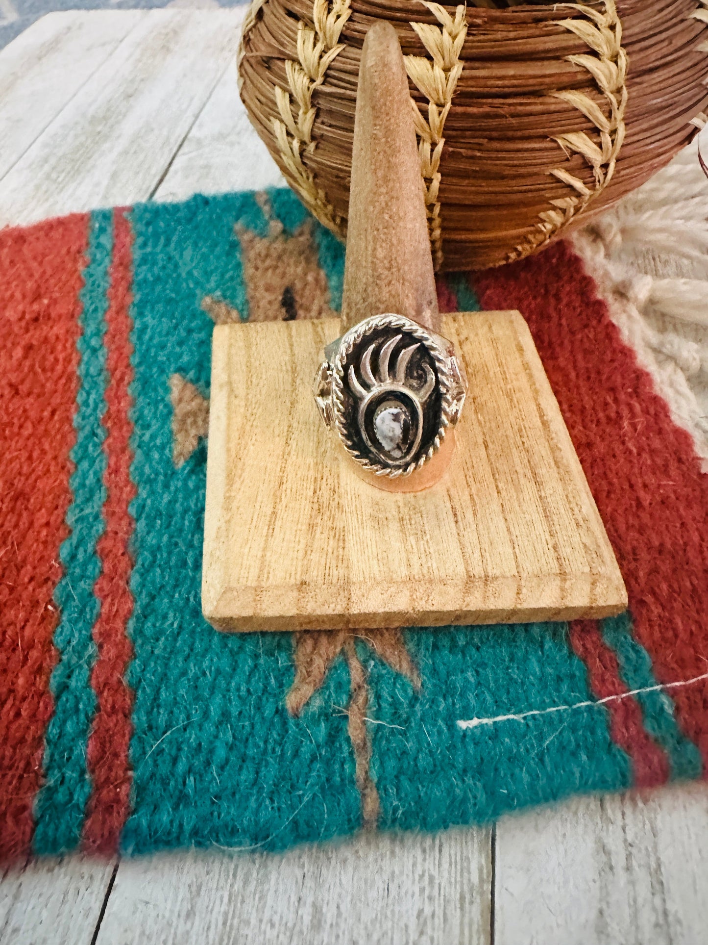 Handcrafted White Buffalo & Sterling Silver Bear Paw Cigar Band Ring Size 11