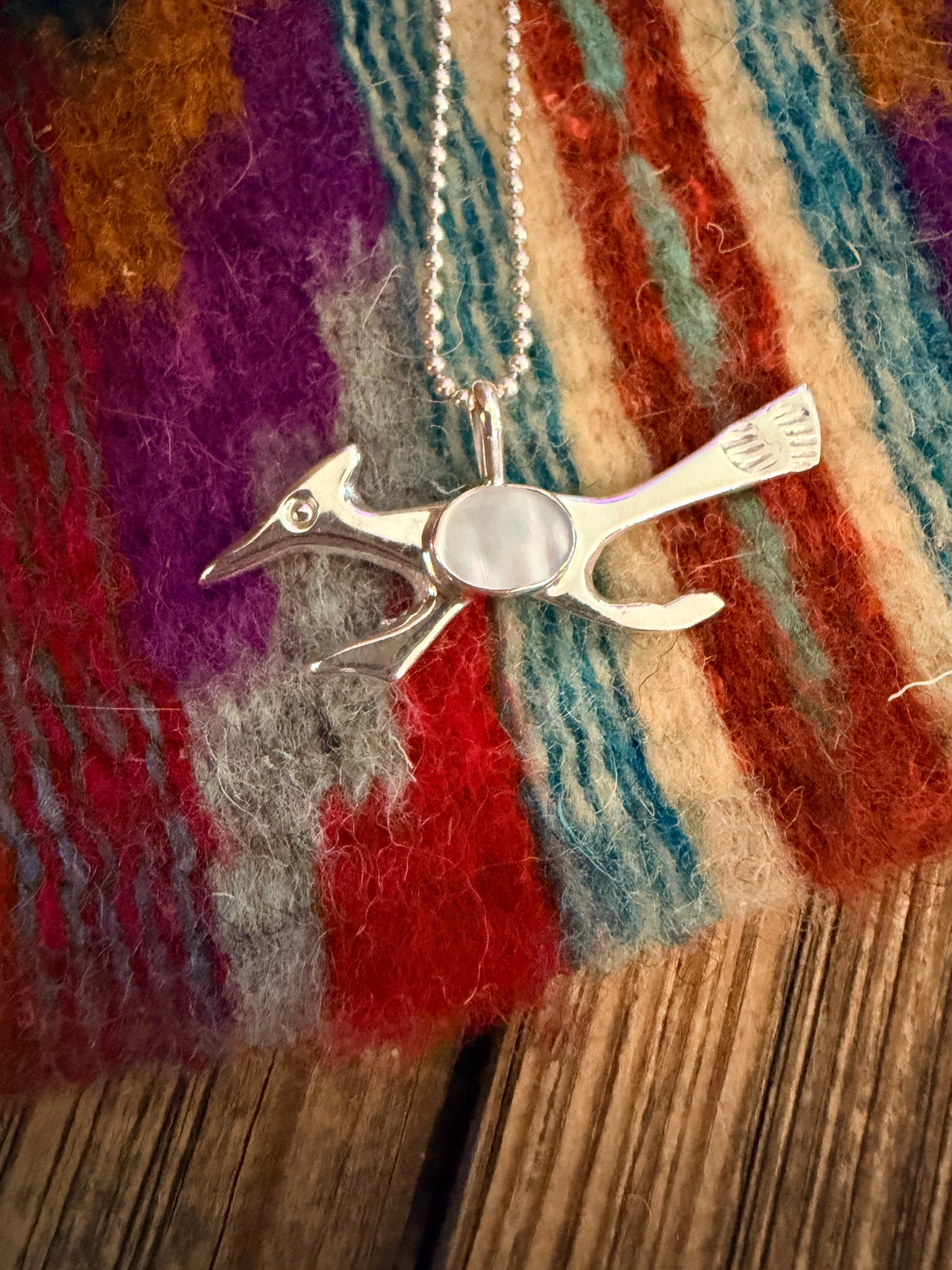 Handcrafted Sterling Silver & Mother of Pearl Road Runner Pendant by Joseph Martinez