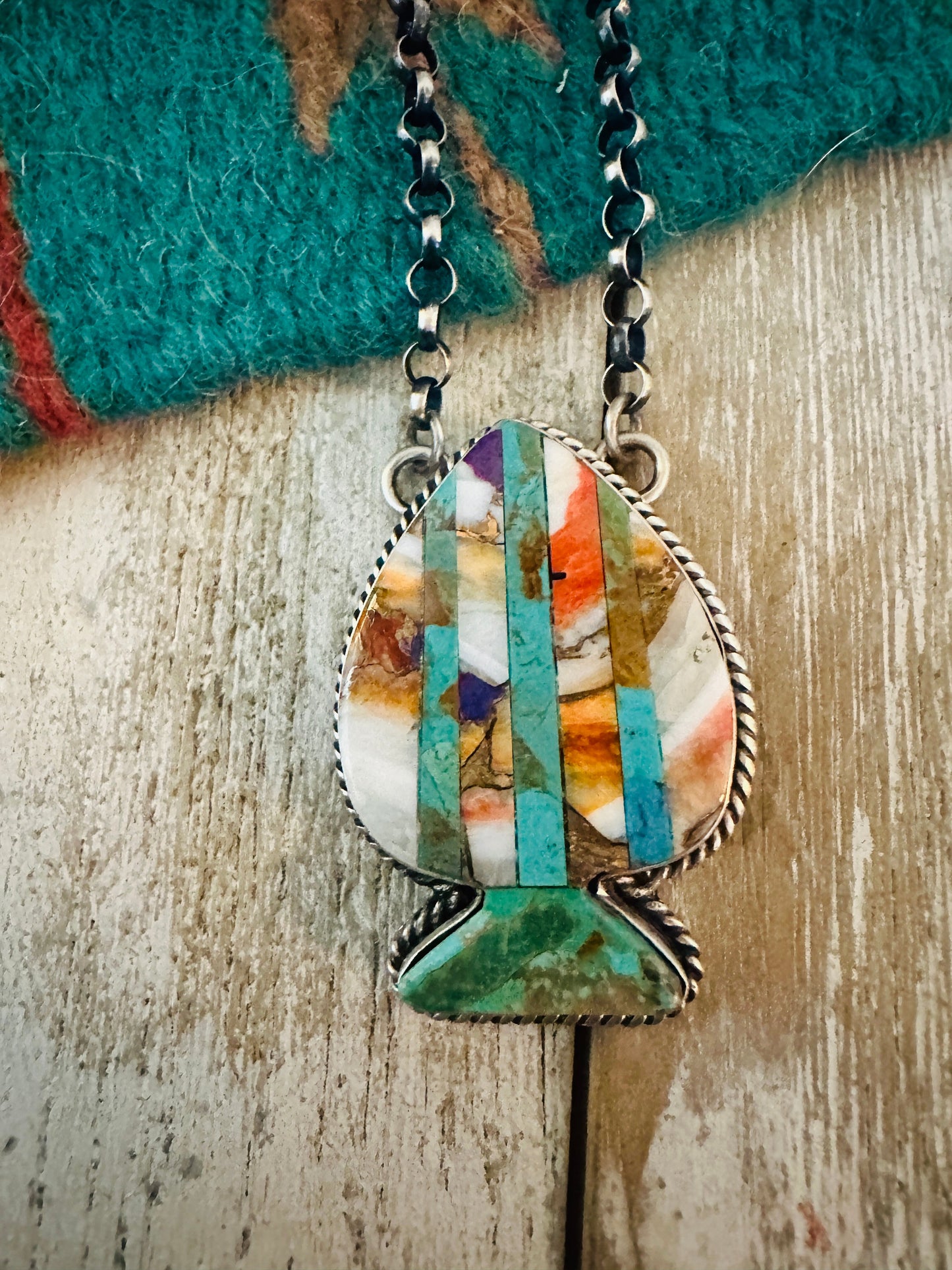 Handcrafted Sterling Silver & Multi Stone Inlay Spade Necklace