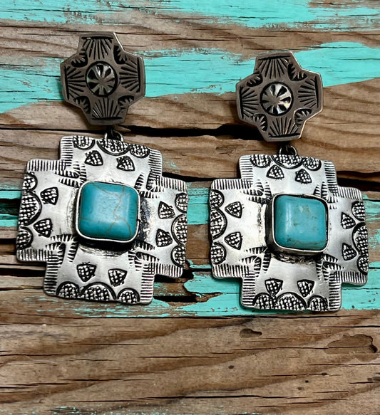 Silver-Plated Cross Engraved Earrings with Blue Accent