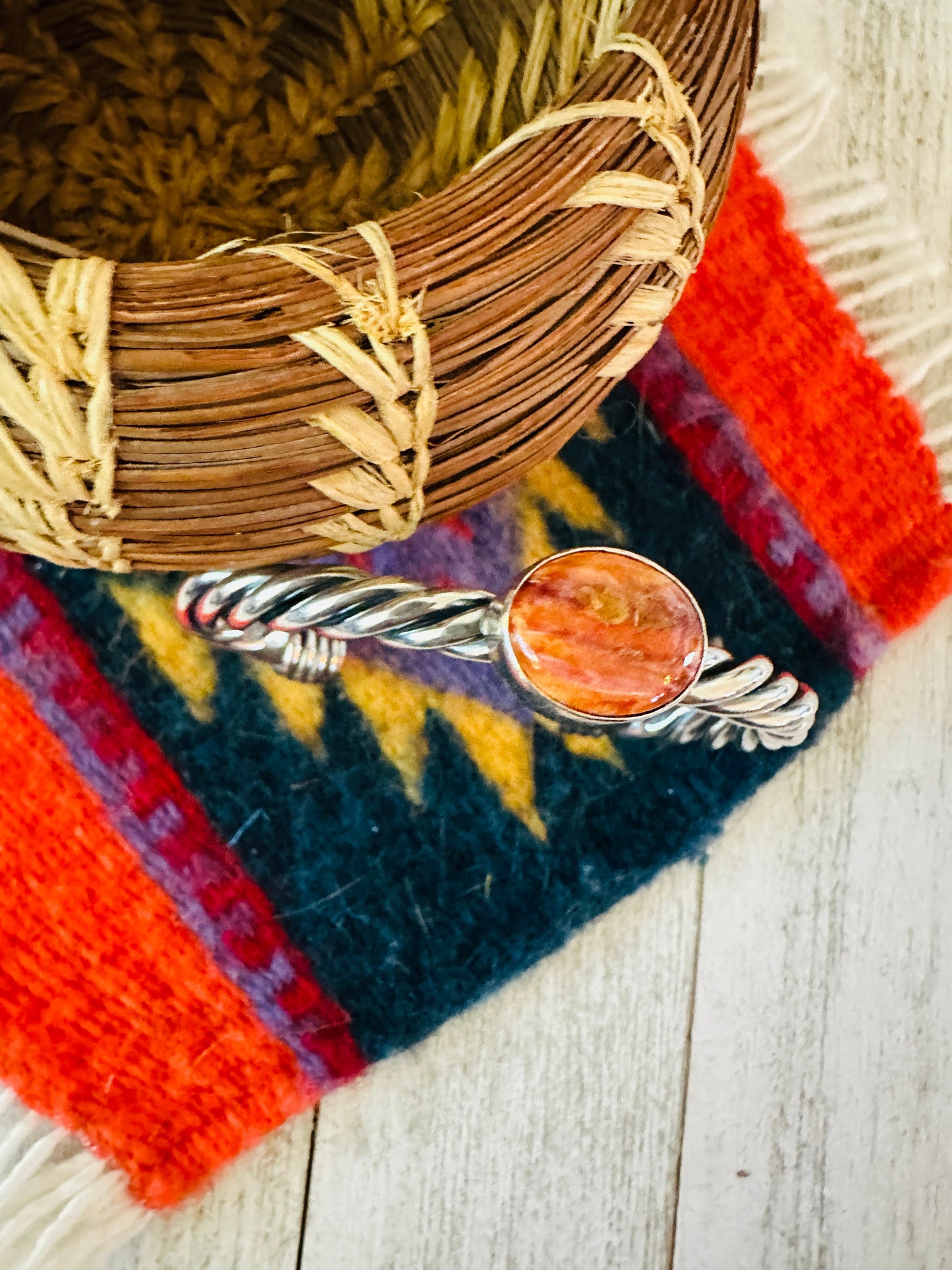 Handcrafted Twisted Sterling Silver & Orange Spiny Cuff Bracelet
