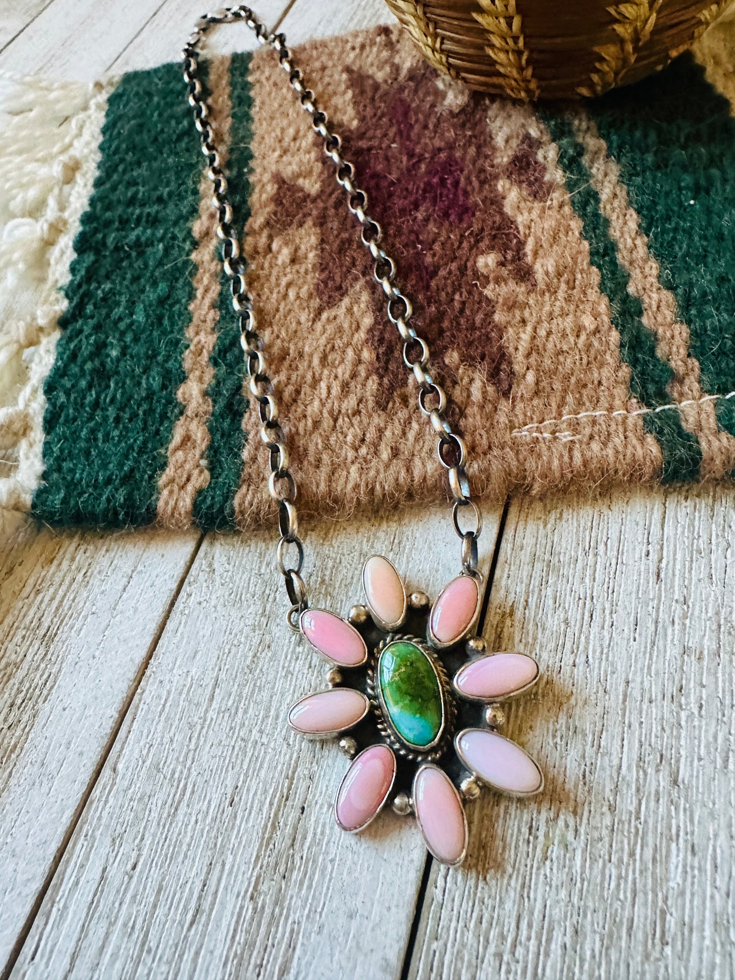Handcrafted Sterling Silver, Queen Pink Conch Shell & Turquoise Necklace