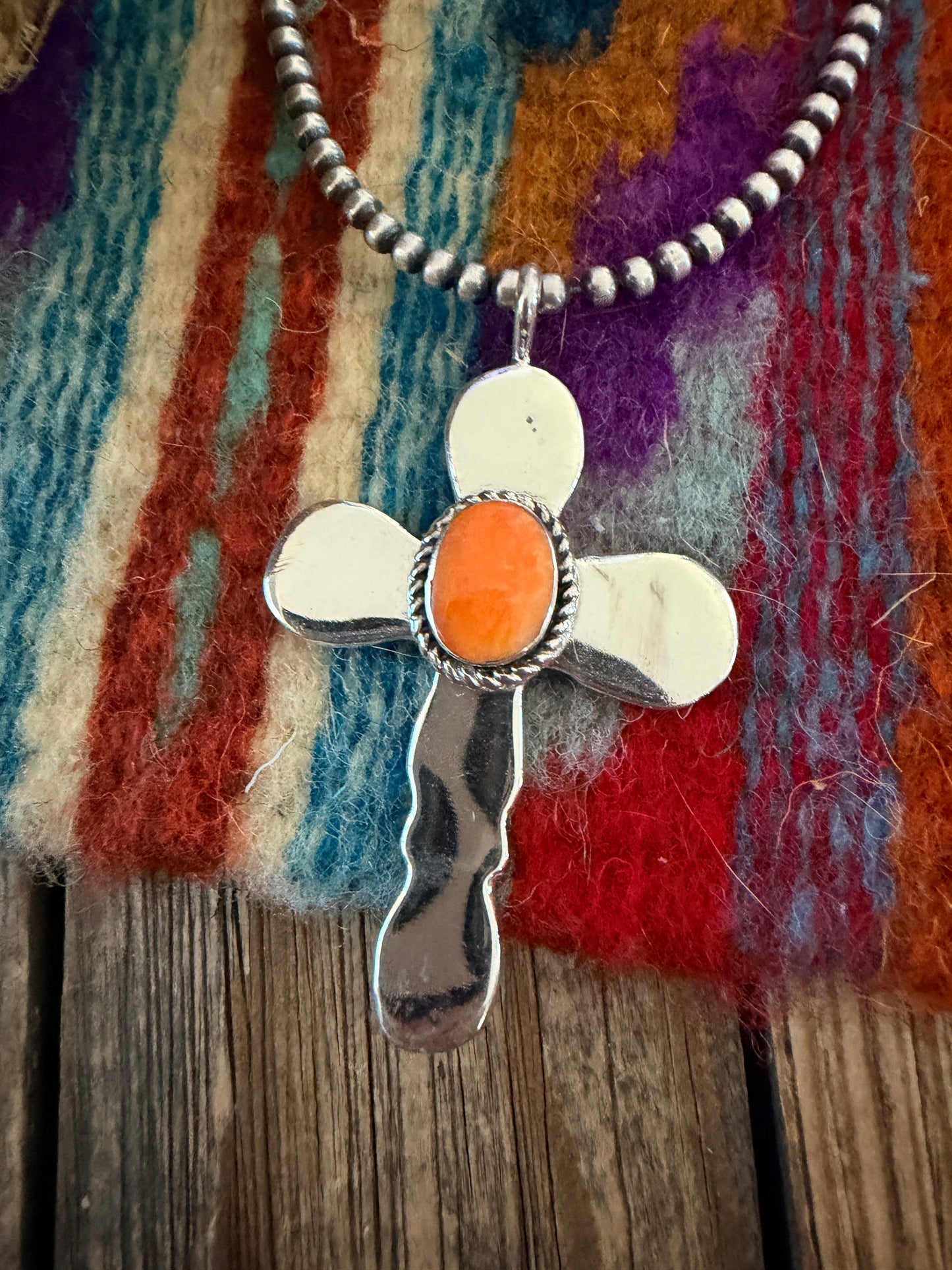 Handcrafted Sterling Silver & Spiny Oyster Cross Pendant by Joseph Martinez