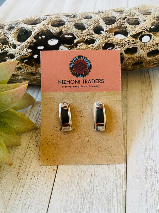 Handcrafted Multi Stone & Sterling Silver Inlay Dangle Earrings Signed