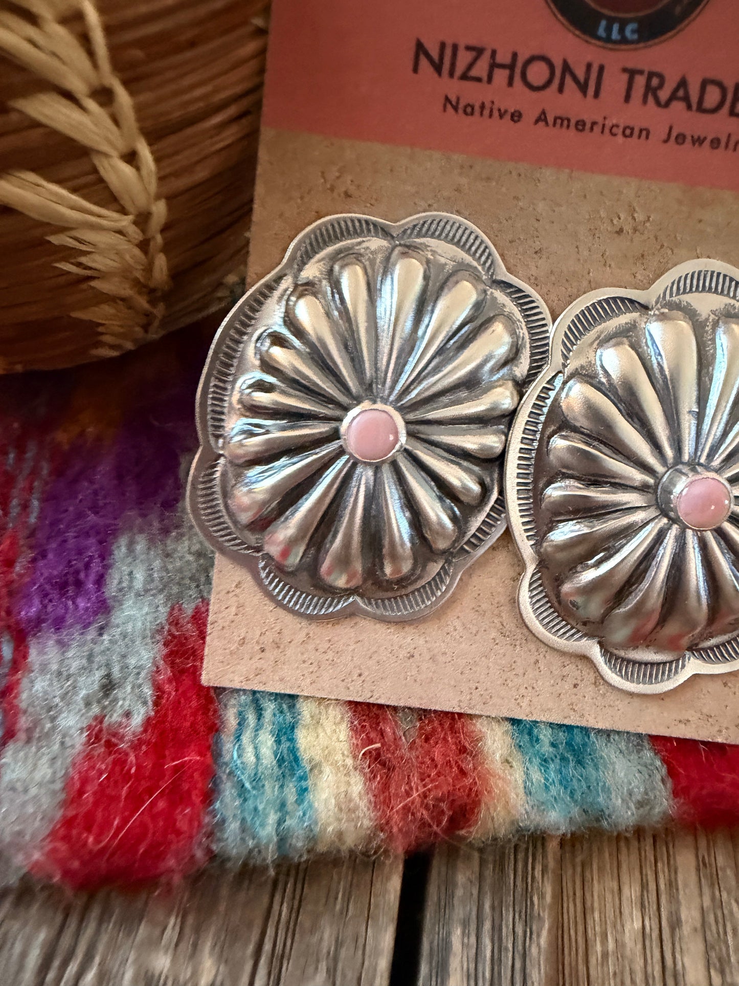 Handcrafted Queen Pink Conch & Sterling Silver Concho Post Earrings