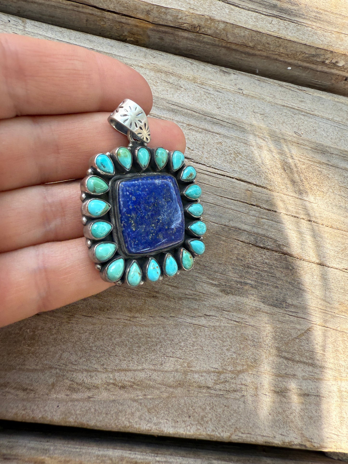 Handmade Stering Silver, Lapis & Kingman Turquoise Square Pendant
