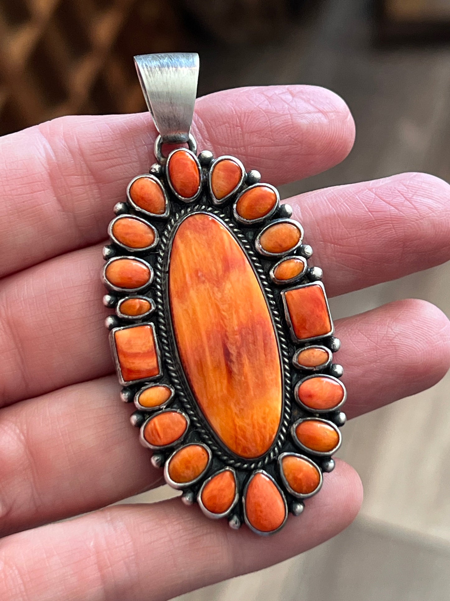 Handcrafted Sterling Silver and Spiny Oyster Shell Cluster Pendant by Loretta Delgarito