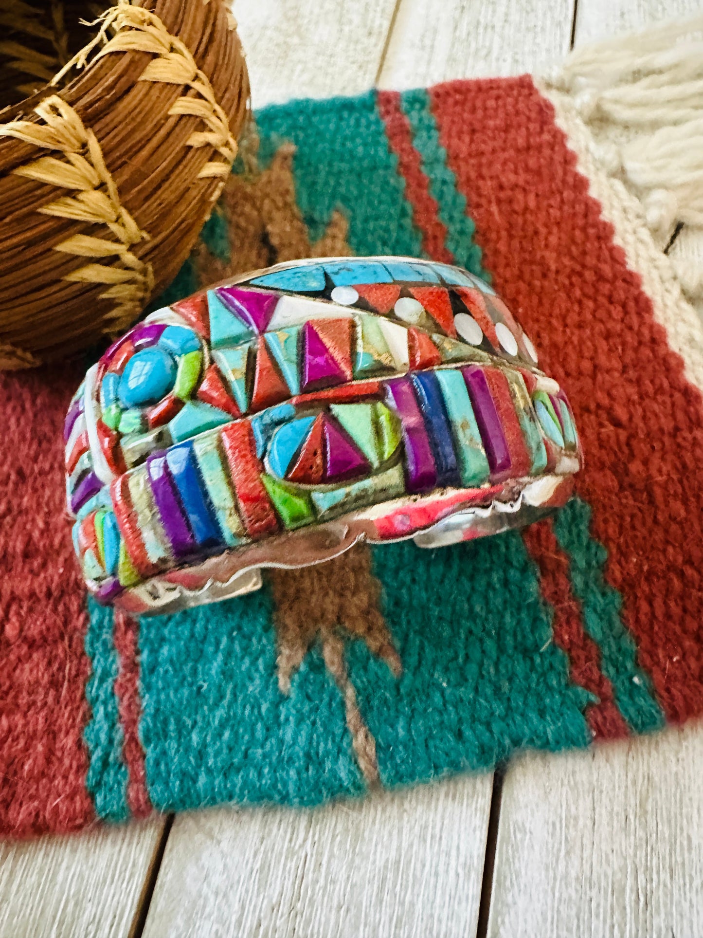 Handmade Sterling Silver Multi Stone Inlay Cuff