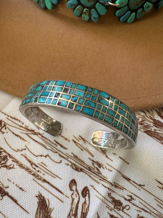Handcrafted Natural Number 8 Turquoise & Sterling Silver Inlay Cuff Bracelet
