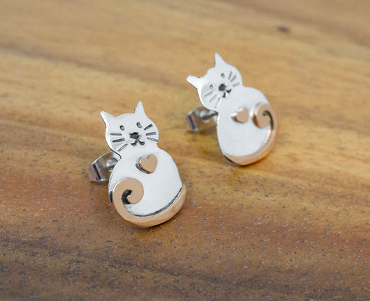 Sterling Silver & Copper Cat Earrings on Post