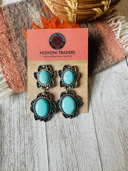 Handcrafted Kingman Turquoise And Sterling Silver Dangle Earrings