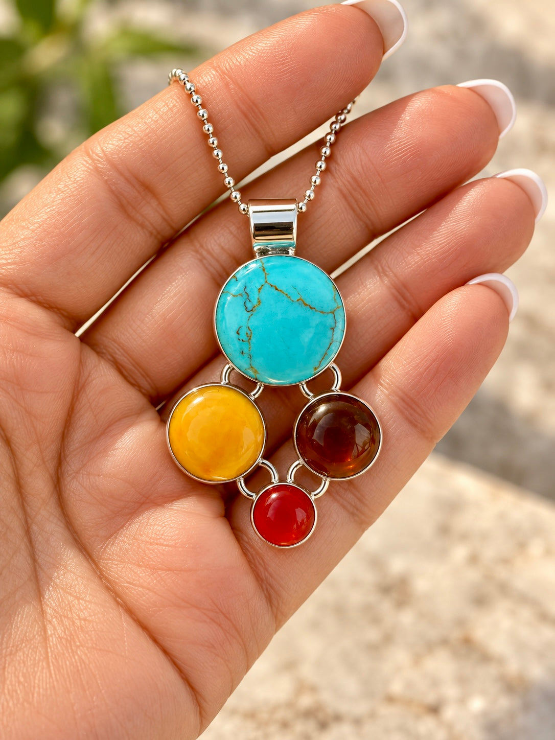 Turquoise & Spiny Circles Sterling Silver Pendant Necklace