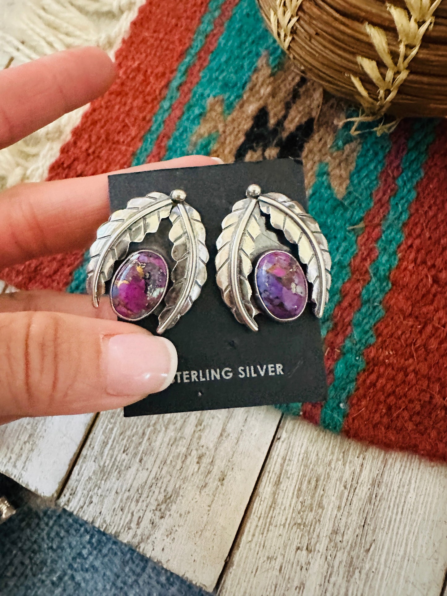 Handcrafted Pink Mojave & Sterling Silver Leaf Post Earrings