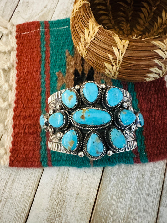 Kingman Turquoise & Sterling Silver Cluster Cuff Bracelet /