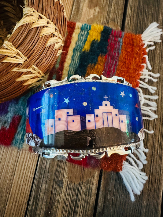 Handcrafted Sterling Silver & Multi Stone Inlay Pueblo Village Cuff Bracelet by Alvin Yellowhorse